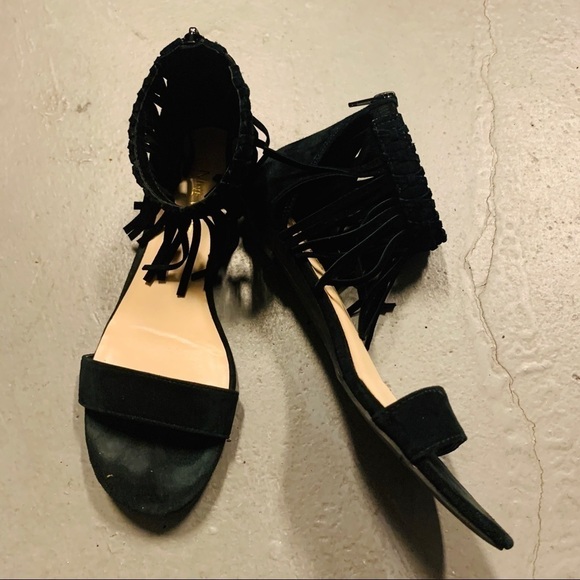 NINE WEST Wanderlust suede fringed bohemian tribal black sandals women size 5 - Picture 2 of 8